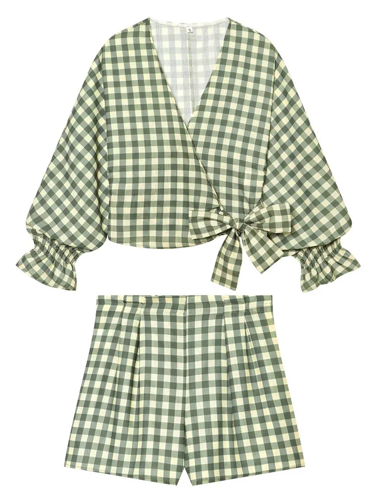 HH Women Summer Old Money Tailored Sage Green 2 Piece Co Ord Set V Neck Side Tie Bow Lantern Sleeve Cropped Top Pleated Shorts