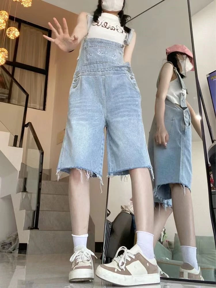 

Women's Butterfly Embroidery Playsuits Overalls Young Girl Fashion Denim Shorts Pants Female Streetwear Rompers Mini Trouser