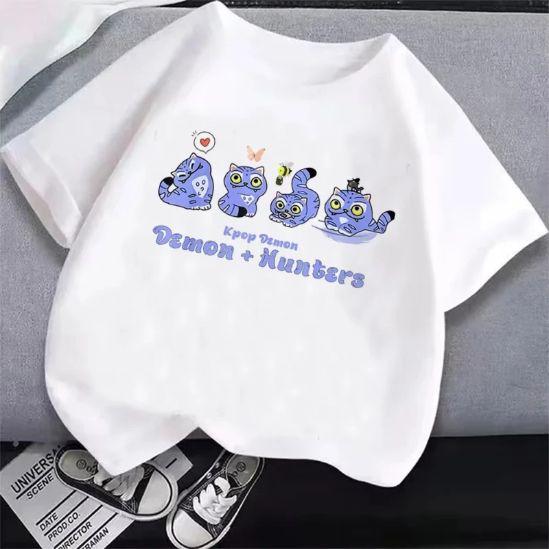 Pescoço redondo básico meninos topos camisas casuais caçadores de demônio t camisa crianças dos desenhos animados anime meme impressão roupas mulher homem