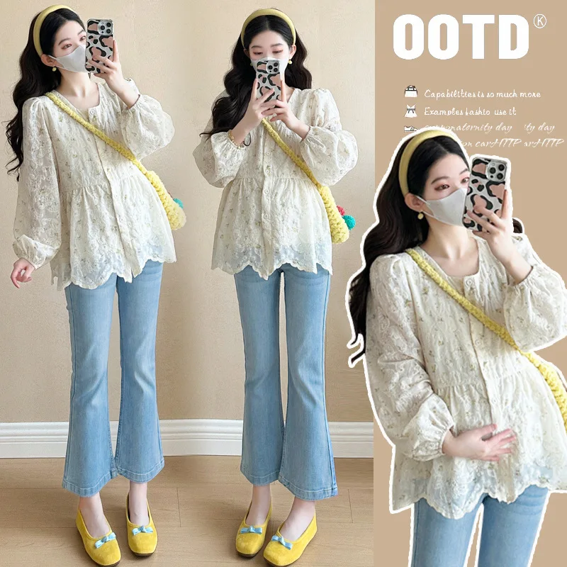 

Осенний топ для беременных, уменьшающая возраст, кукольная блузка с квадратным воротником в корейском стиле, свободная посадка для миниатюрных женщин, весенне-осенняя рубашка