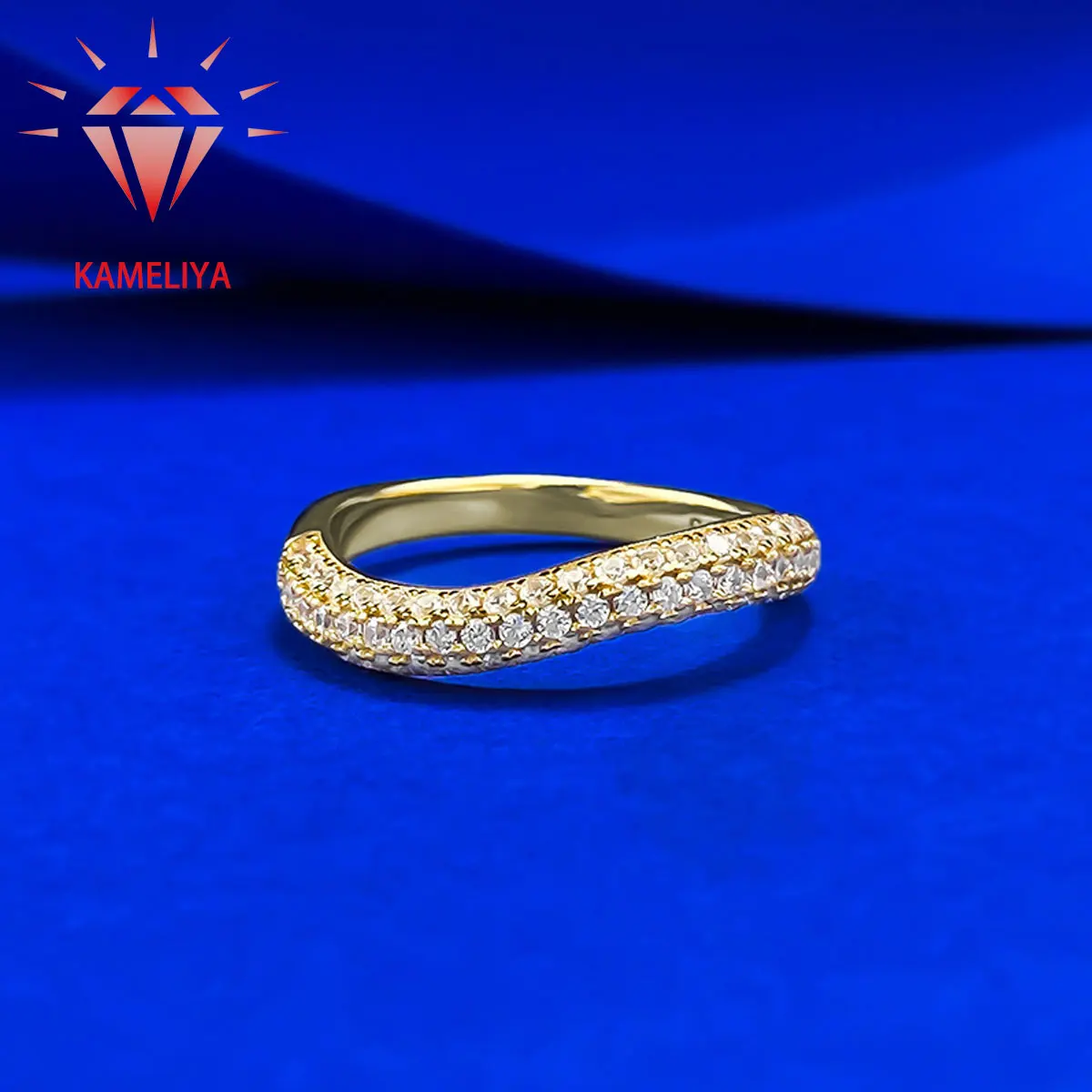 

KAMELIYA Sparkling Zircon Wavy Wedding Band for Women Gold Plated S925 Sterling Silver Stackable Promise Ring Party Fine Jewelry