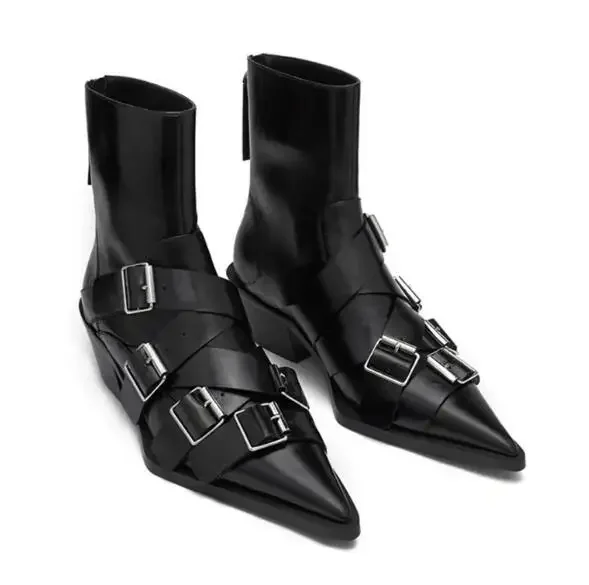 Black White Soft Leather Pointed Toe Belt Buckles Ankle Boots Woman Chunky Heels Zipper Back Retro Slim Cool Short Booties