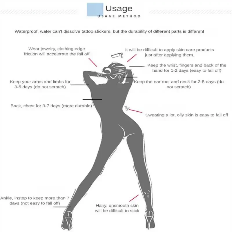 남녀공용 방수 반영구 문신 스티커, 선명한 색상, 손쉬운 세척, 패션 스티커