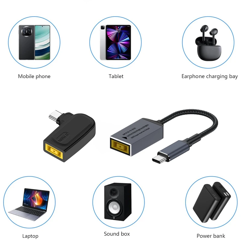 Cavo di ricarica rapido USB C PD da 100 W Spina quadrata CC a convertitore connettore adattatore di alimentazione di tipo C per cavo di ricarica per laptop Lenovo