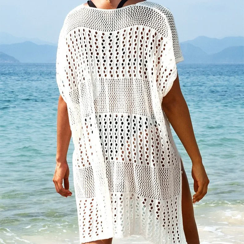 Woman Beach Cover Up Mesh Hollow Knitted White Beach Dress Bikini Perspective Sunscreen Cover Up Shirt Women Vacation Beachwear