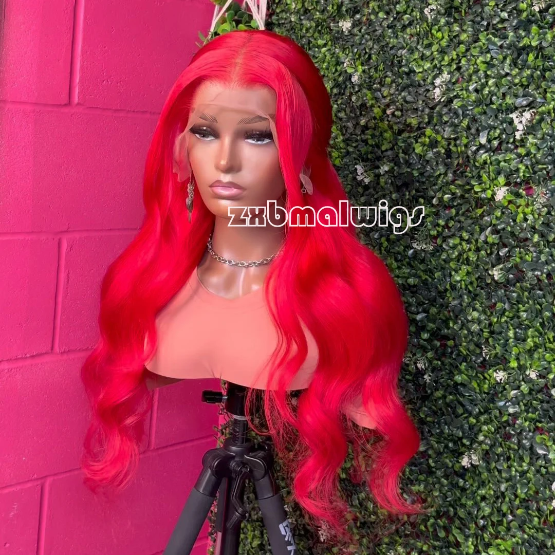 Synthetic Hair Red Body Wave Glueless 13X4  Lace Front Wig For Women Preplucked 26 Inch Long  Heat Temperature Daily Cosplay