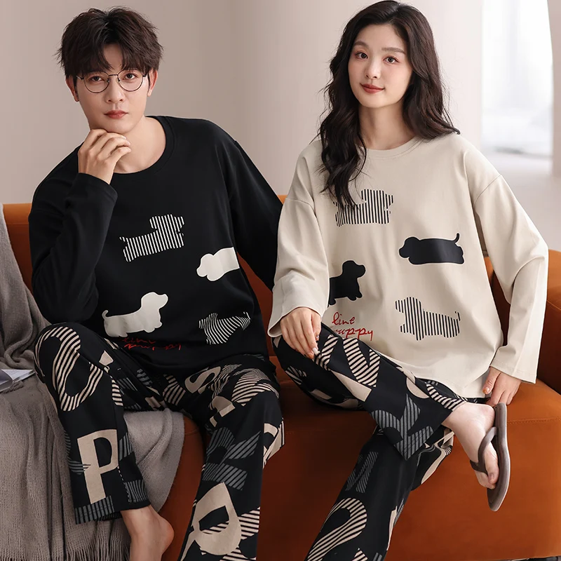 

Newest Spring and Autumn Couple Pajama Set 100% Cotton Men And Women Cute Cartoon Long Sleeve Pyjamas