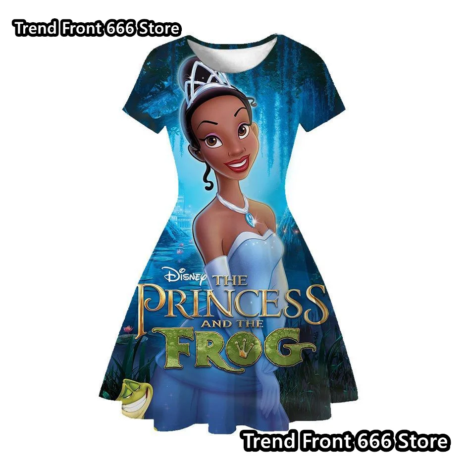 24/25 New Princess Tiana Cartoon Girls Dress Disney Princess Children\'s One-piece Knee Length A-line Short Sleeve Skirt