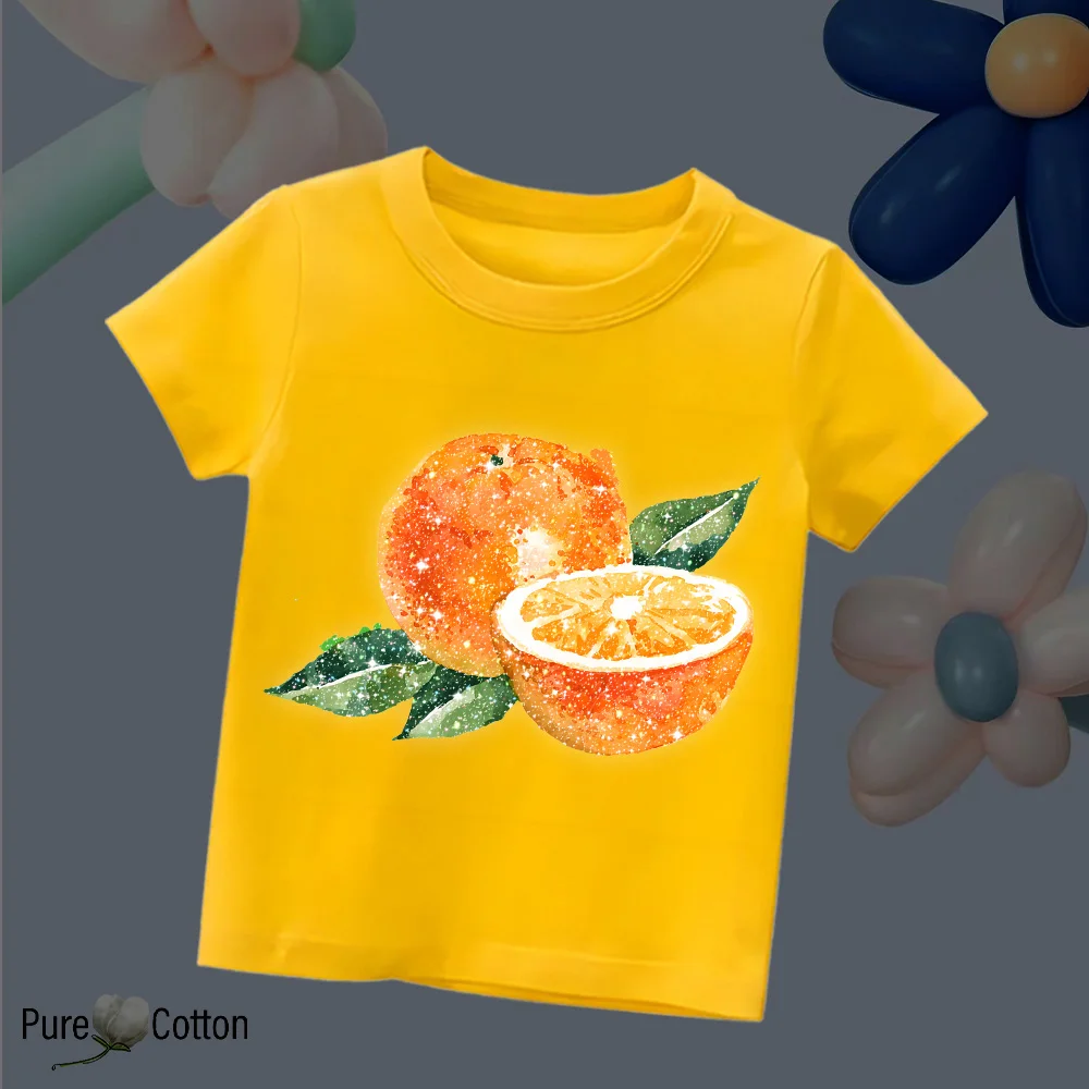 Children's cute printed pure cotton T-shirt, fruit orange cartoon, high-quality clothing, breathable,and multi colored girl