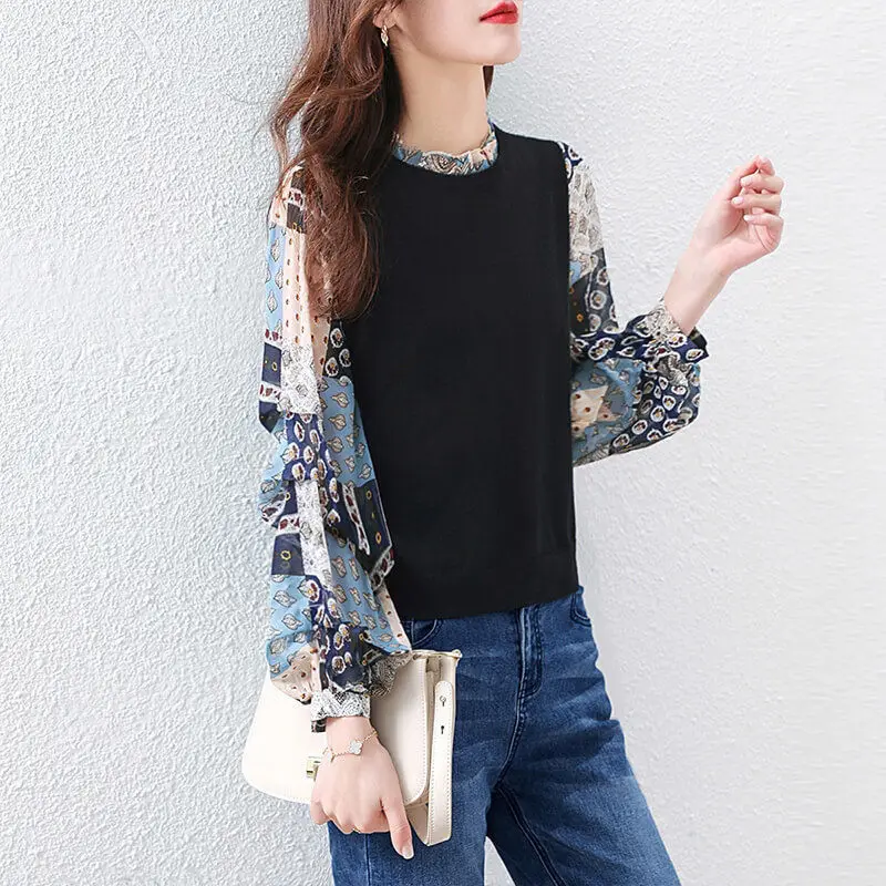 Vintage Printed Spliced Ruffled Neck Lantern Sleeve Oversized Chiffon Shirt Casual Pullovers Commute Fashion Woman Blouses 2022