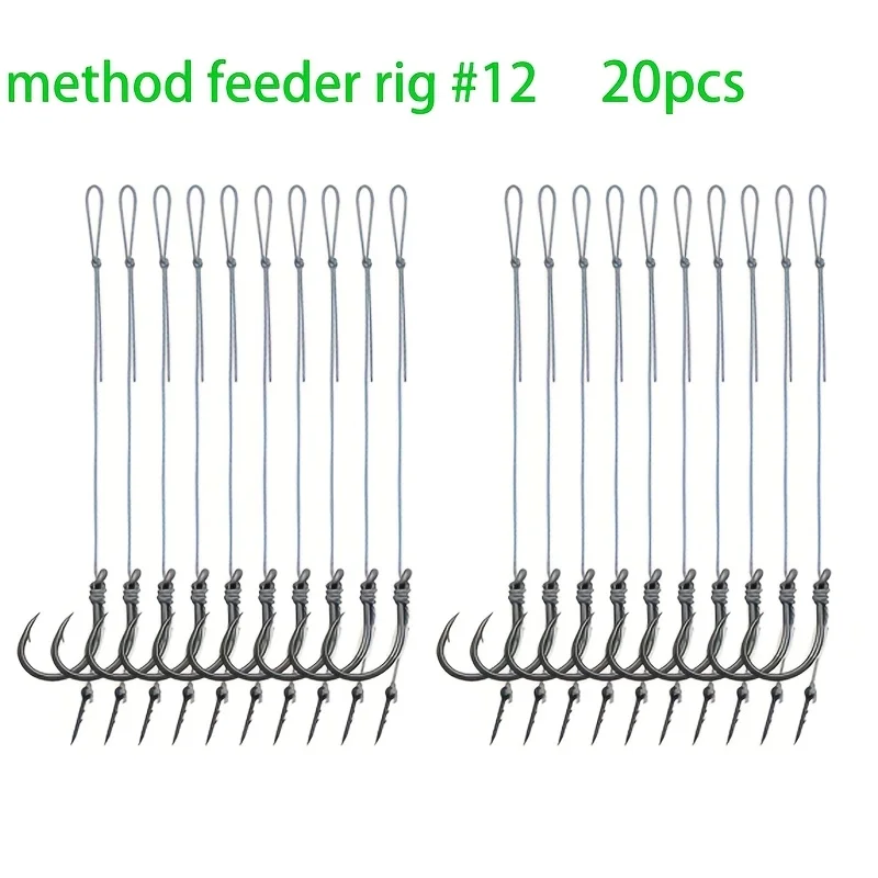 10/20 Stück Method Feeder Rigs mit Widerhaken und 8 geflochtenen Schnüren, hochfeste Widerhaken-Angelhaken Größe 6 8 10 12 14, Feeder-Angeln