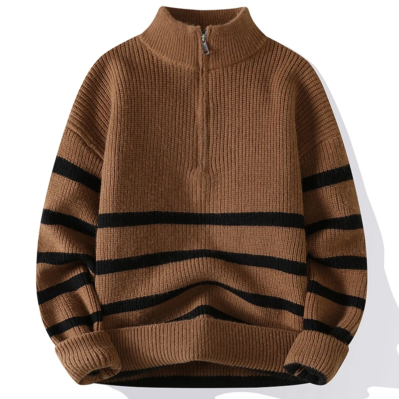 2023 New Fall Winter Zipper Turtleneck Striped Sweater Men High End Mens Christmas Sweaters Thick Warm Pullover Man Knitwear