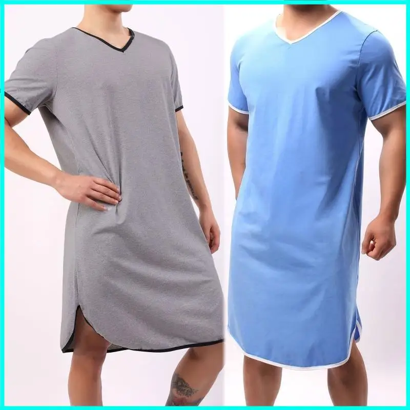 

Skin-friendly Muslim Clothing Men Sleep Robes Short Sleeves Men Bathrobes V Neck Nightgown Kaftan Muslim Robes for Daily