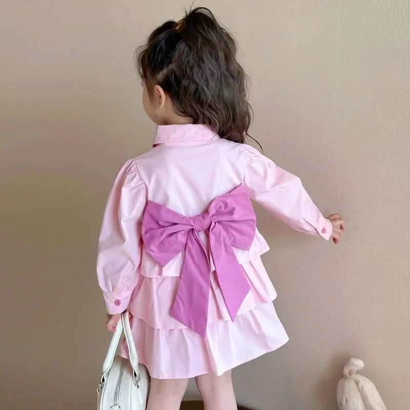 

2025 New Baby Girls Cartoon Pink Long Sleeven Back Bow Dress Princess Kids Sweet Party Dresses 2-7T