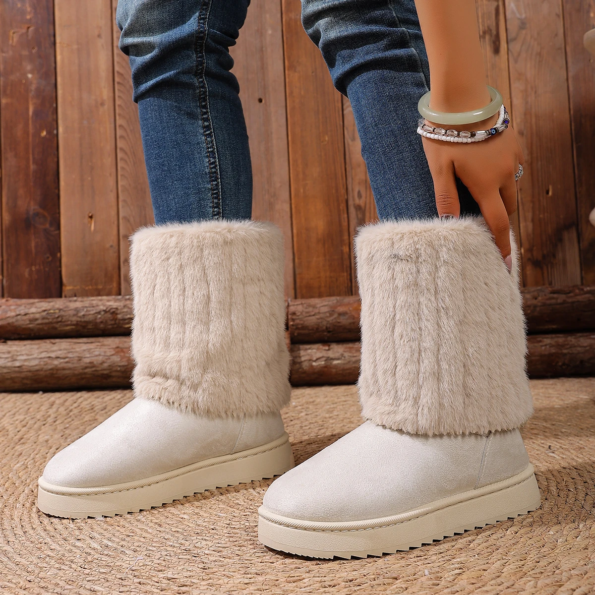 Mode Frauen Runde Kappe Warme Verdickte Plüsch Winter Beige Mid-kalb Stiefel Dicke Sohle Casual Bequeme frauen Schnee stiefel