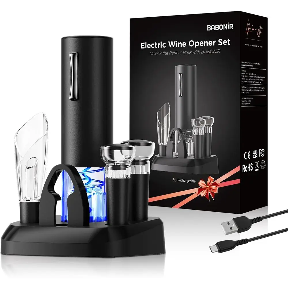 

Подарочный набор для вина 7-в-1 с зарядной базой, дозатором для масла, аэратором-дозатором, вакуумными пробками, автоматическим штопором, набором для сохранения свежести вина