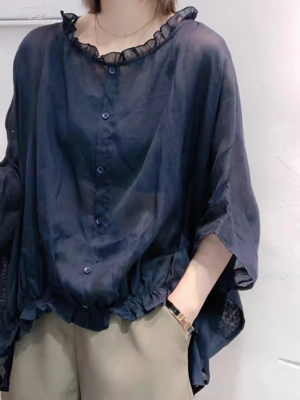 High-End Japanese Cotton Linen Doll Shirt Loose Versatile Slimming Fashion Pure Color Batwing Sleeve Sun Protection Shirt