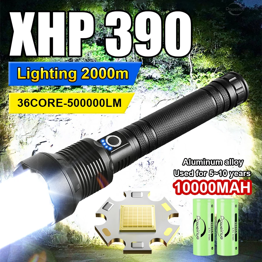 Powerful XHP390 Flashlight 10000mah Large Capacity Strong Light Tactical Torch Self-Defense Flash Light Outdoor Camping Hunting