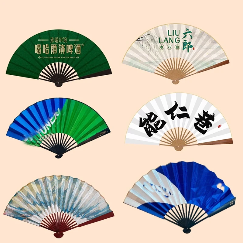 مروحة إعلانية مخصصة مع ورق فني صيني مصنوع يدويًا ورق QR من نسيج الحرير وشعار مطبوع مروحة ترويجية فريدة من نوعها #6