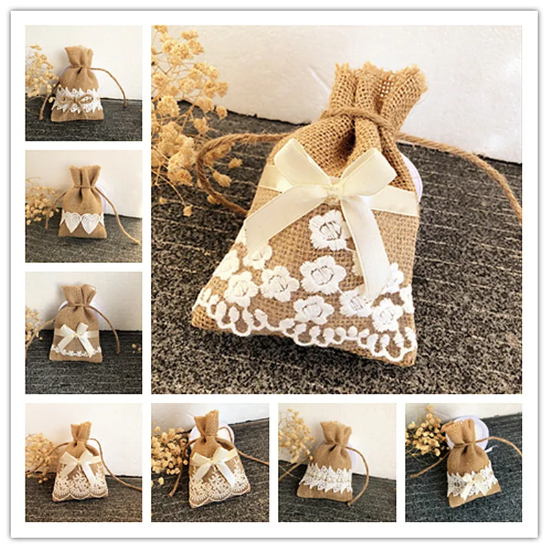 

50pcs Mixed Style Burlap & Lace Drawstring Bag Jewelry Pouch, Wedding Favor, Gift/Candy Bag,Cutlery Knives and Forks Holder