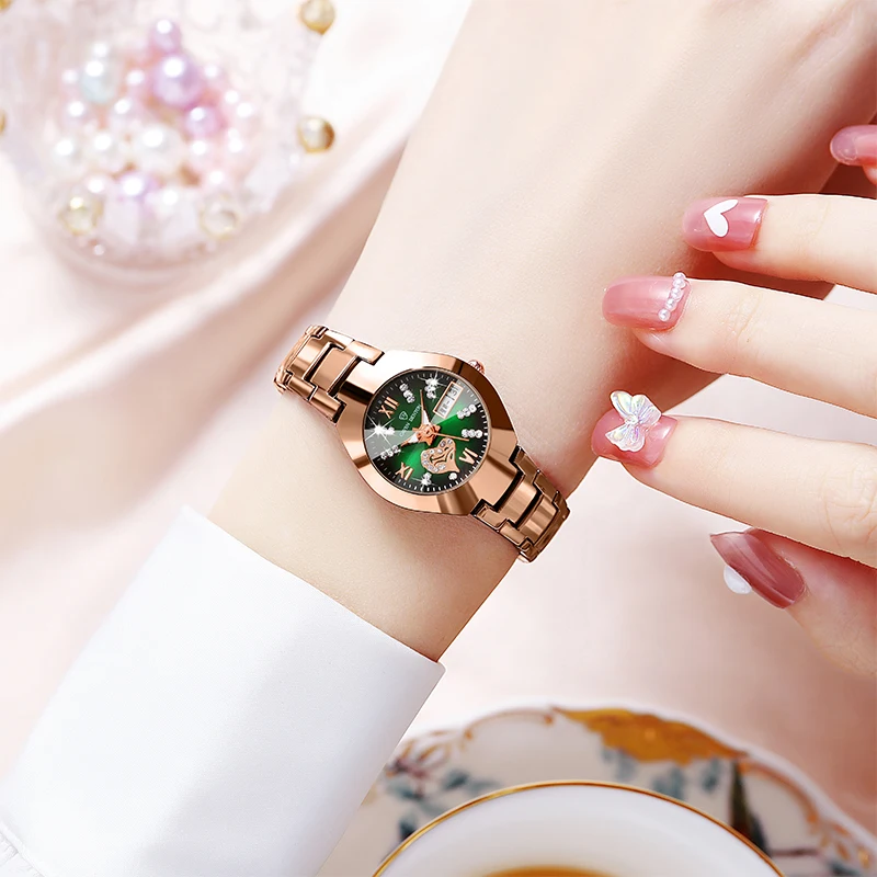 

Korean fashion trend ladies watch dual calendar diamond waterproof luminous watch