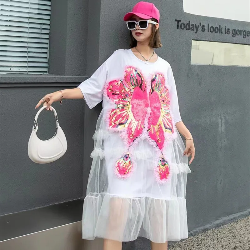 Summer Brilliant Flowers Embroidery Beaded Splice Mesh T-shirts Dress Women Sequined Gauze Stitching Ruffles Tees Dress Vestidos