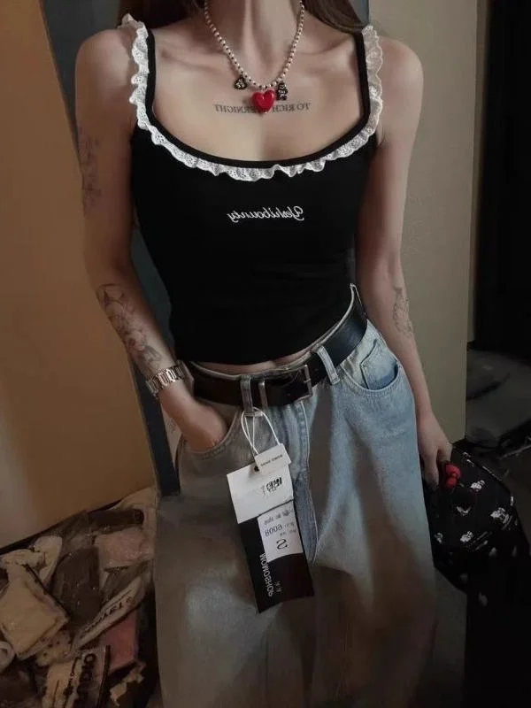 

Summer New Sle Lace Trim Strap Knitted Vest Svel Base Layer Inner Wear Top for Women plus Size ort Length Square Co...