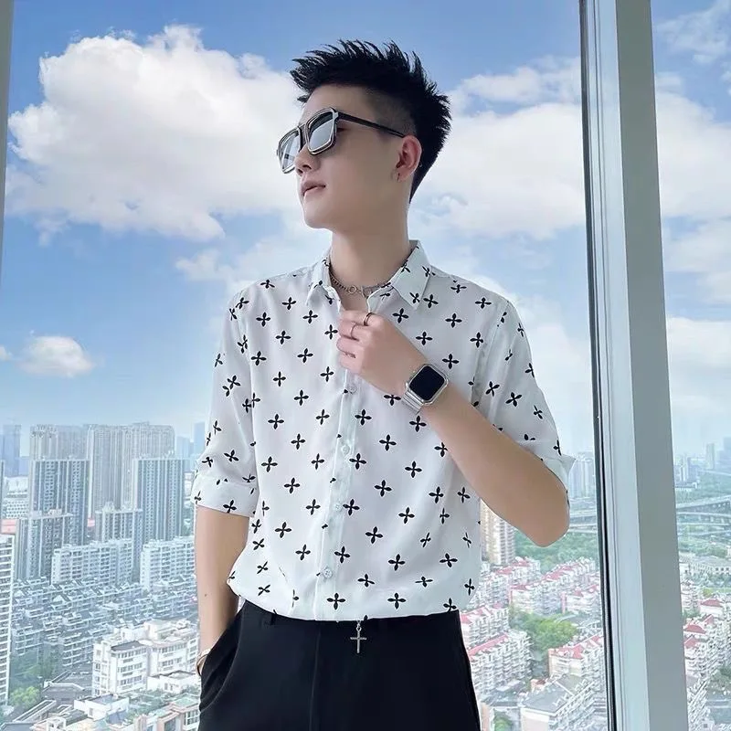 Slim Fit Summer Printed Men's Shirt Half Sleeve Thin Short Sleeve Floral Print Trendy Brand Quarter Sleeve Top Youth Popular