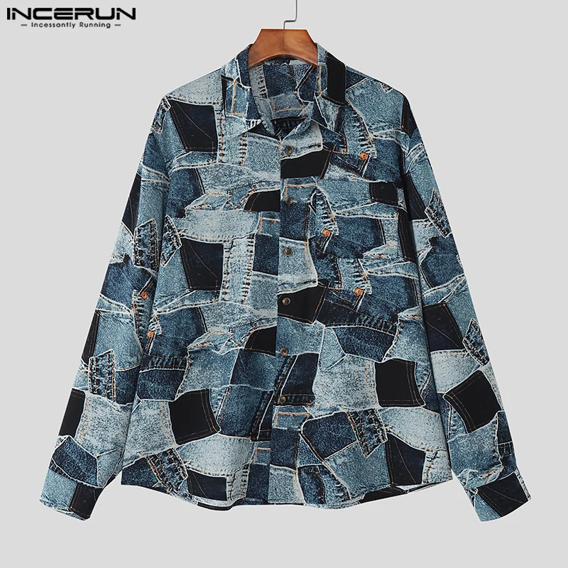 

INCERUN Мужская рубашка с принтом и лацканами, с длинным рукавом, повседневная мужская одежда больших размеров, уличная одежда, модные мужские рубашки 2025 года, топы в корейском стиле