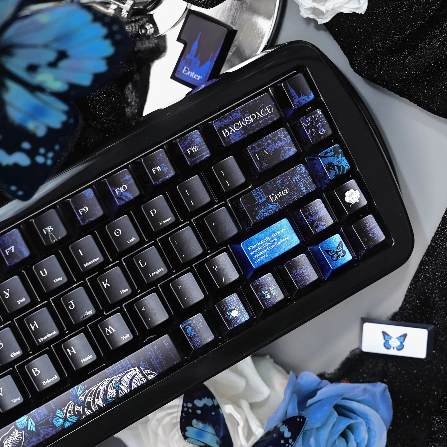 Bone Butterfly Keycaps Cherry Profile Dye-Sub Metal Paint Texture PBT Key Caps Black Blue Custom For MX Mechanical Keyboard