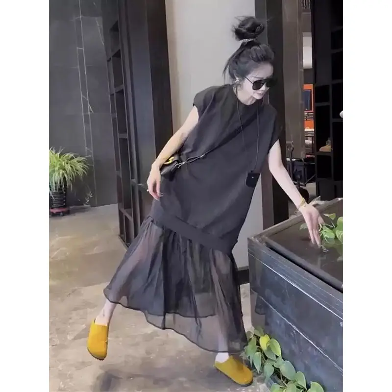 Robe d'été légère en maille épissée, T-shirt sans manches en Faux deux pièces, à la mode et Unique