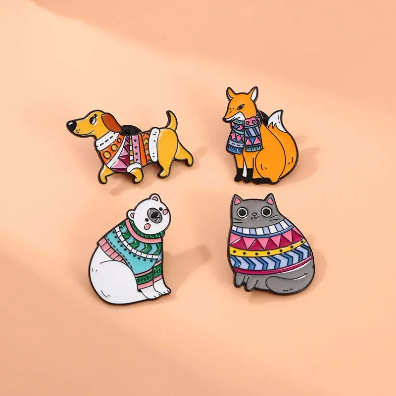 Cute Cartoon Winter Animal Enamel Brooch Creative Cat Fox Dachshund Polar Bear Lapel Pin Badge Backpack Clothing Hat Accessories