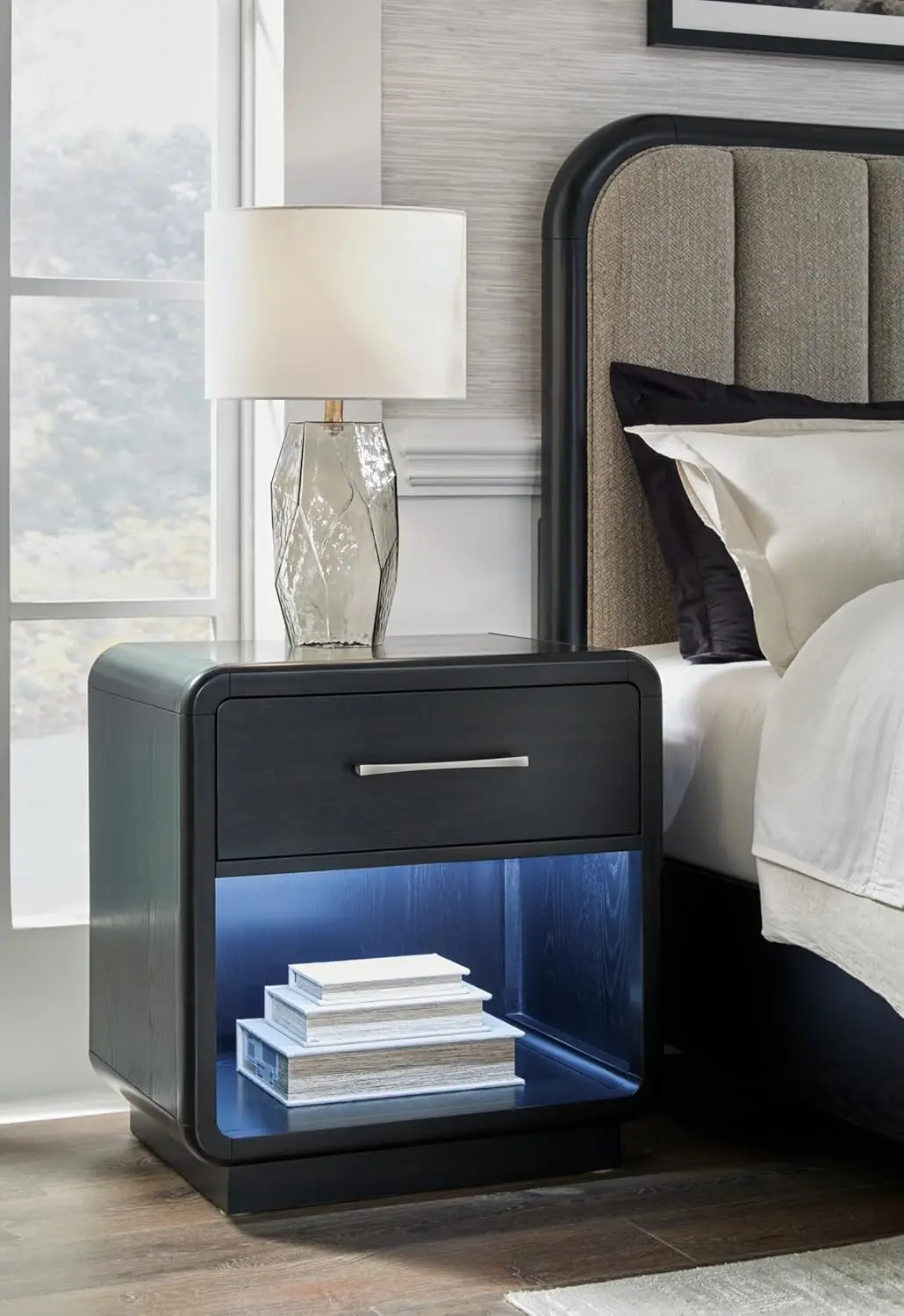 Rowanbeck Modern Felt-Lined 1 Drawer Nightstand With 1 Lower Shelf, Led Lights, Power Supply And Usb Ports, Black