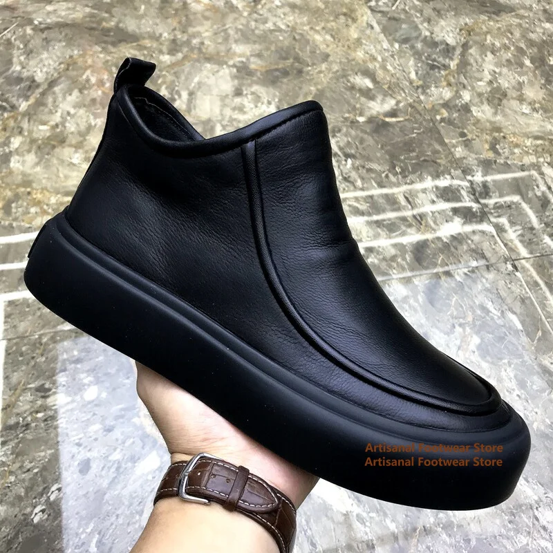 Cowhide High Top Men's Boots Black Leather Casual Shoes Side Zipper Men's Shoes Winter Velvet Warm Cotton Shoes Men's Booties