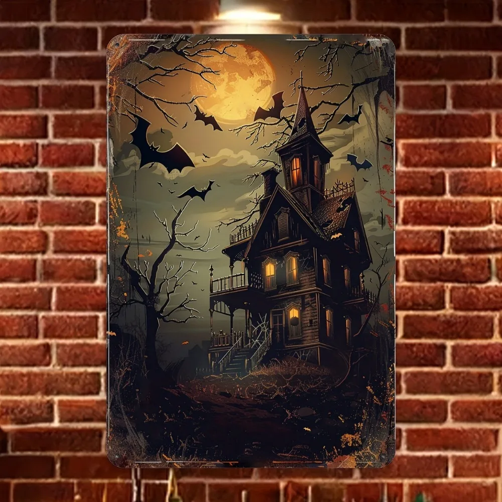 Vintage Haunted House Metal Tin Sign Gothic Halloween wall art for living rooms, gardens, gyms, cafes, garages 16x12inch 40x30cm