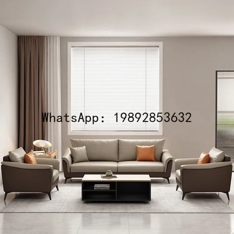 CZ Genuine Leather Sofa and Coffee Table Set Simple Modern Office Reception Meeting Discussion Straight Row Three-Seater