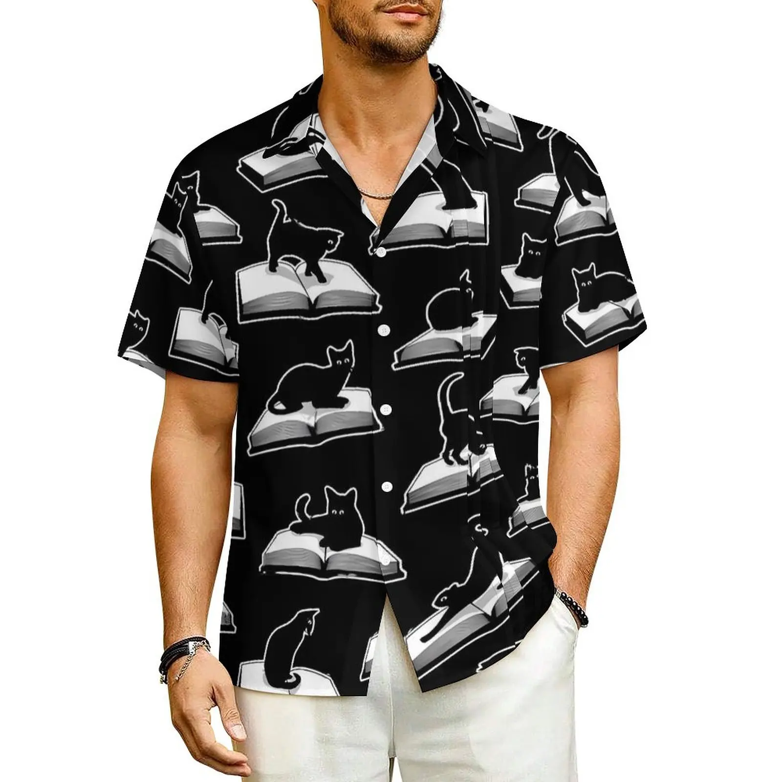 Library Cats Vacation Shirt Men Books Print Loose Casual Shirts Summer Short Sleeve Street Style Design Plus Size Blouses Gift