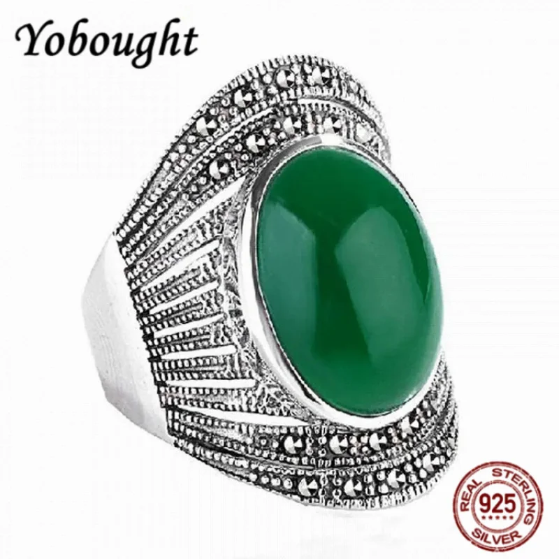 

Vintage 925 Sterling Silver Ring Inlay Oval Black Onyx Green Chalcedony Women Marcasite Ring Fine Jewelry Gift