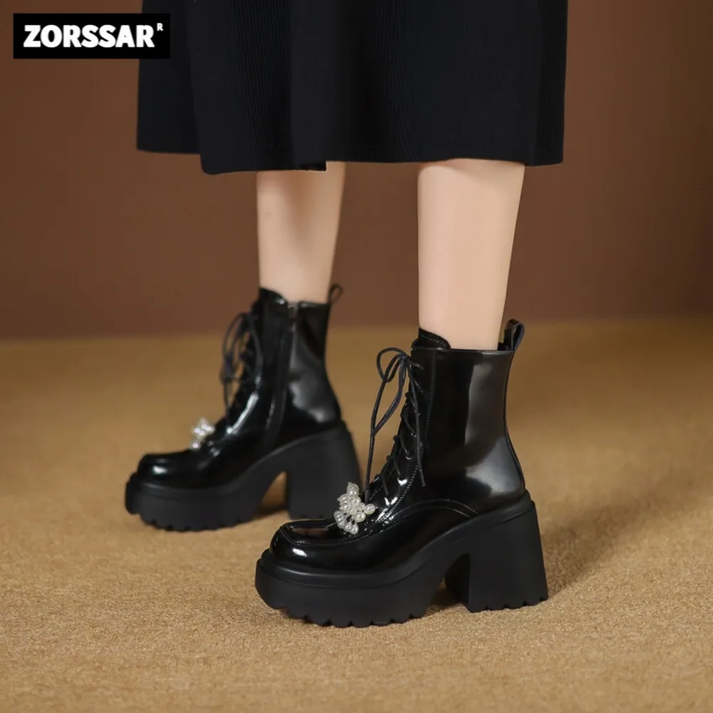 

Women's Platform Boots Super High Heel Ankle Boots Female Gothic Modern Style Genuine Leather Chunky Heel Party Woman Booties