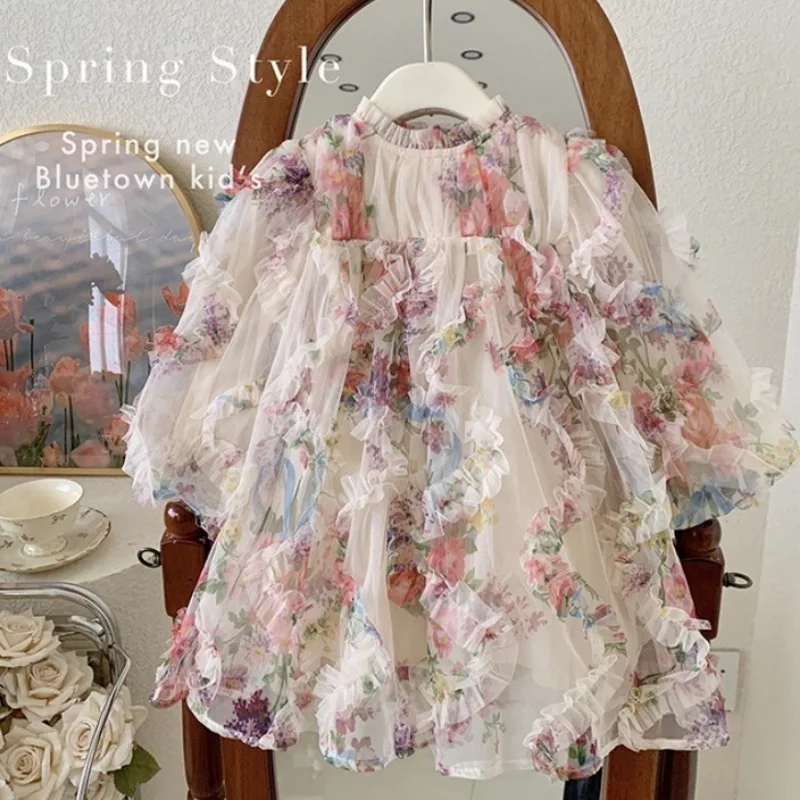 New Spring Autumn Dress O-neck Long Puff Sleeves Mesh Loose Floral Appliques Princess Dresses Children  Casual Dresses H3100