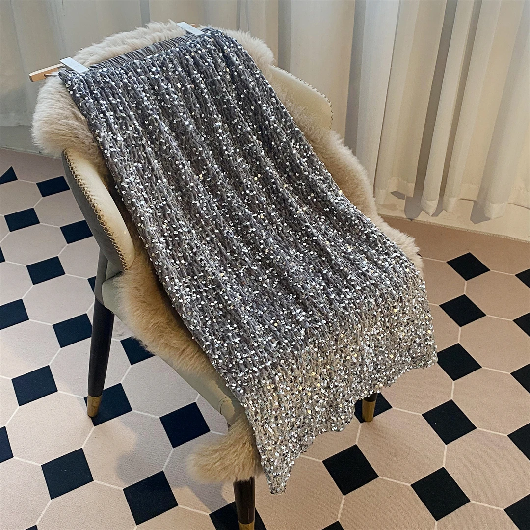 Shiny Velvet Sequin Half Skirt Elastic Waist Slim Straight Long Skirt Atmosphere New Style High Waist Pure Color Other Materials