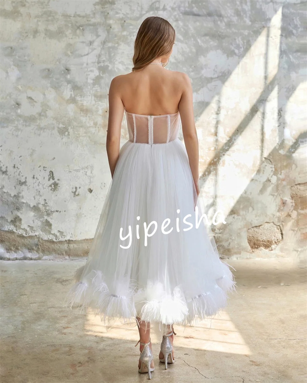 Robe trapèze sans bretelles en tulle, robes mi-longues, zone de plissage, sur mesure, occasion