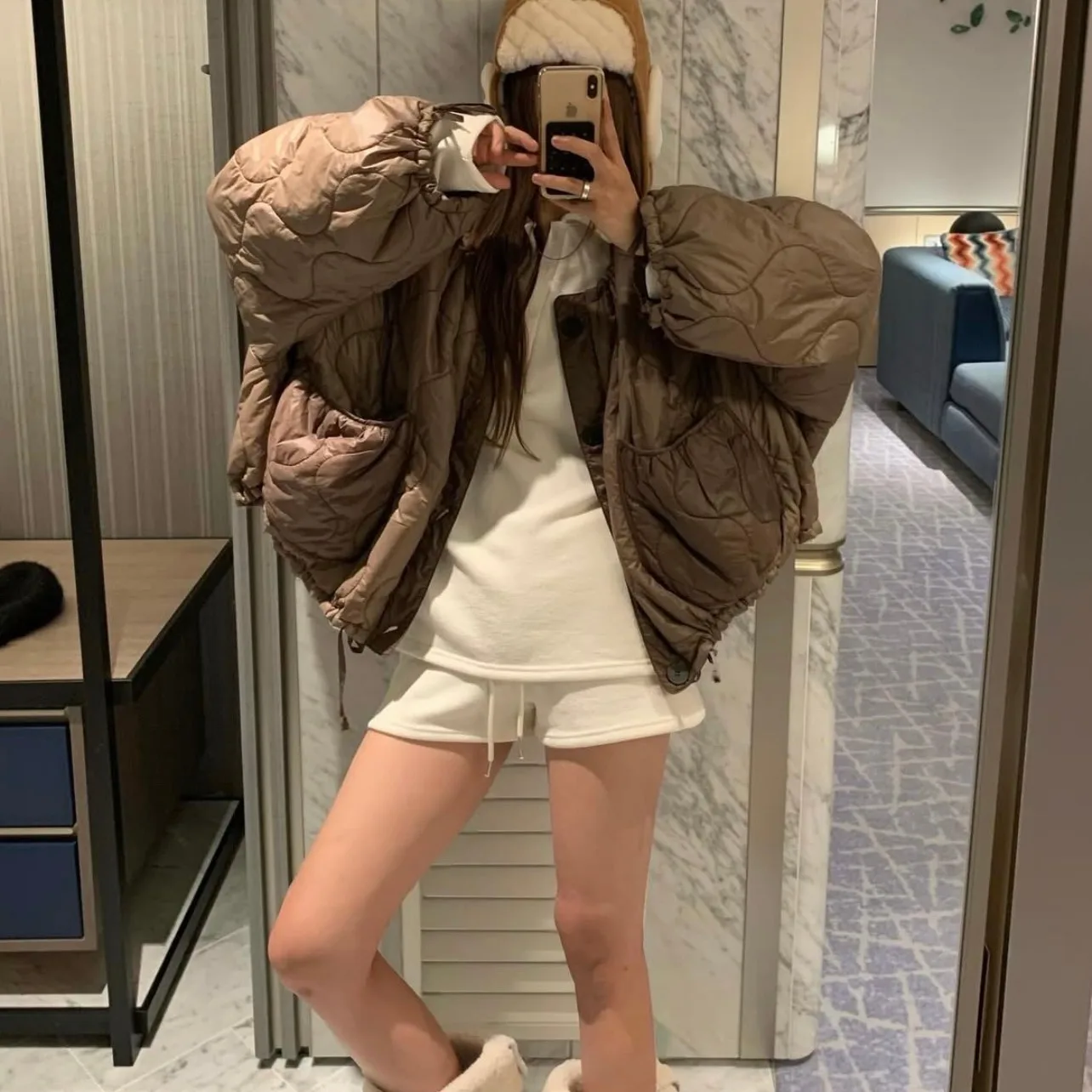 

Ladies' Chic Cotton Jaet round Ne Loose Fit Lazy Sle Flight Coat Autumn Winter New Arrival Vintage Faion Top