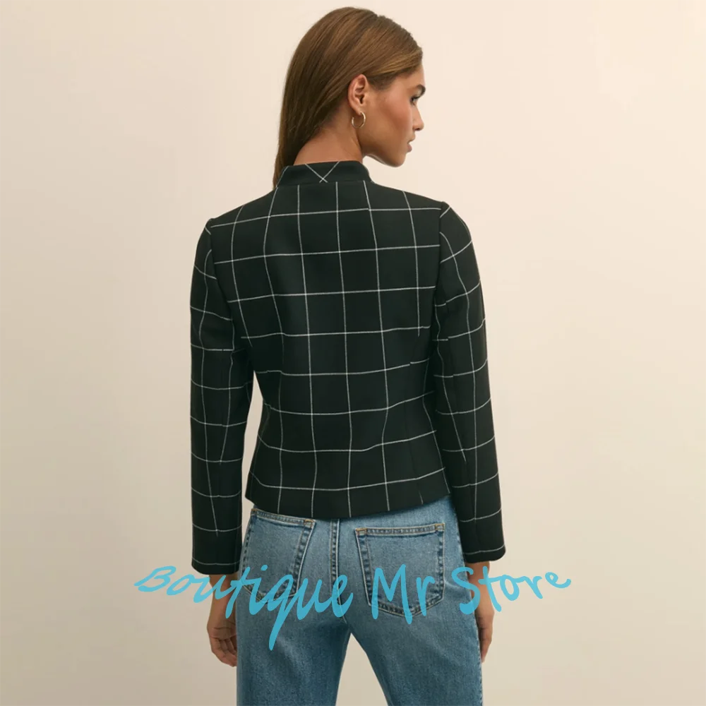 Daily Women's Black White Grid Suit Stand Collar Cropped Jacket+Denim Pants Set Casual Office Lady Workwear Formal Blazer