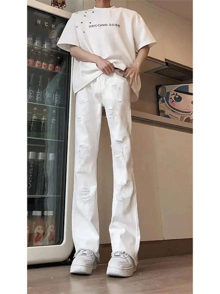 

Мужские белые рваные джинсы American High Street Sle, летние, с эффектом потертости, зауженные, прямые, слегка расклешенные брюки