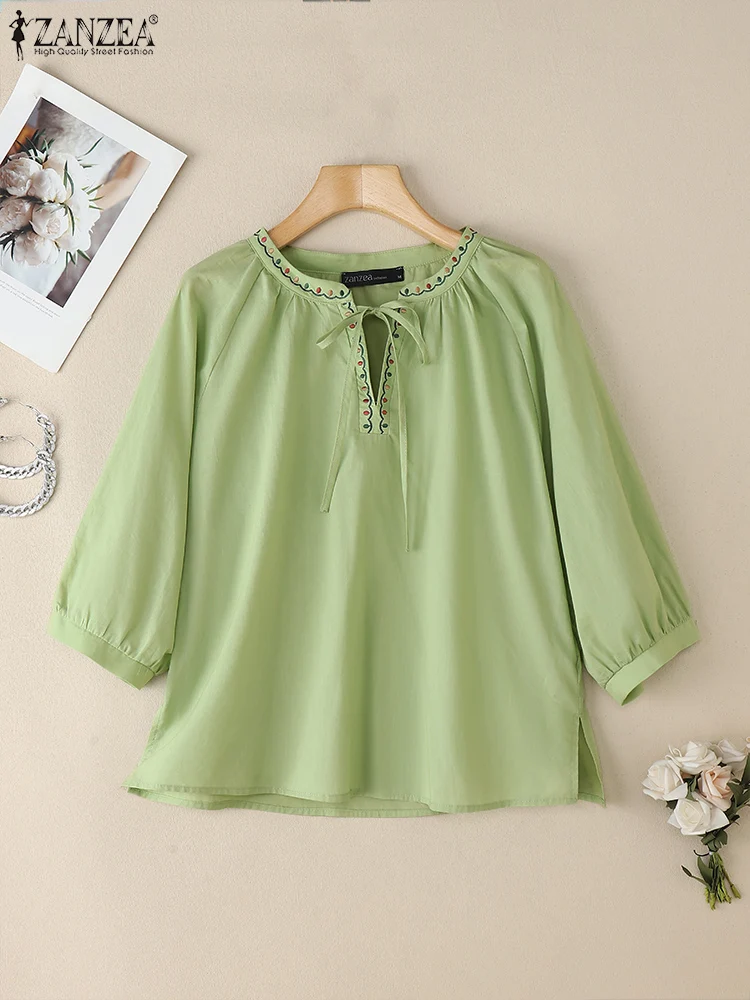 

ZANZEA Lace-Up V-Neck 3/4 Sleeve Tops Casual 2025 Summer Vintage Everyday Blusas Mujer Solid Cotton Embroidery Woman Blouses