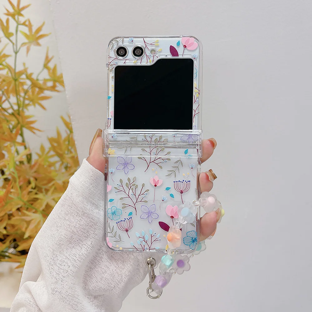 For Samsung Galaxy Z Flip 5 4 3 Case Hand Drawn Flowers Bracelet Transparent Hinge All-inclusive Folding Shockproof Hard Cover