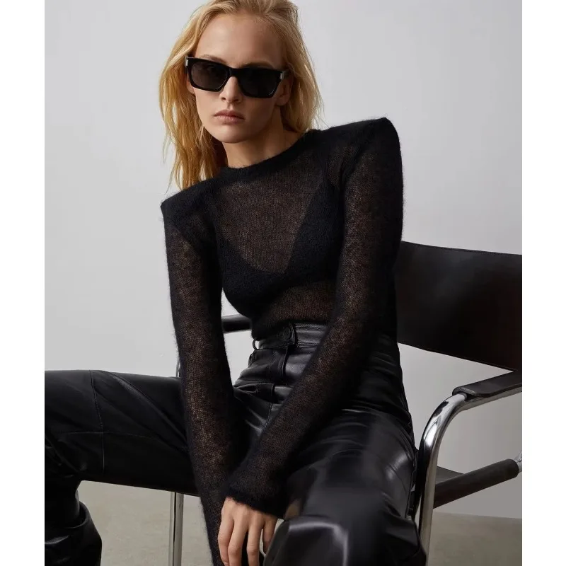 Autumn Solid Color Round Neck Hollow Knitted Sweater Still Commuting Long Sleeve Hoodie Casual Long Sleeve Top
