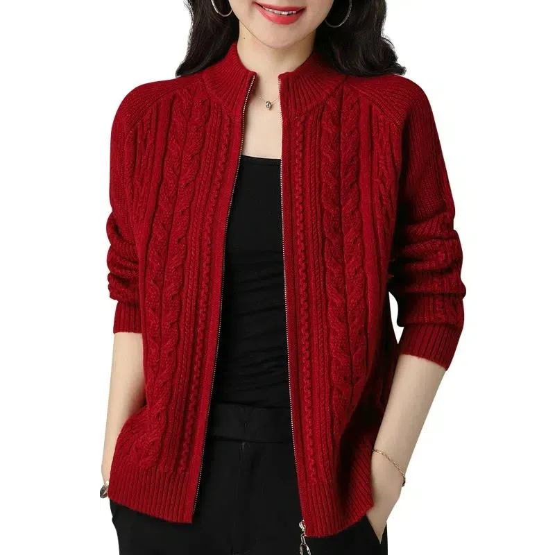 Cárdigan de punto con cremallera y Cuello medio alto para mujer, chaqueta de manga raglán de Color sólido, suéter grueso, abrigo de otoño, nuevo