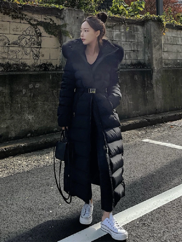 

Women's Long down Jaet 2025 Winter New Thiened Waist-Cinching White Du down Coat Over-Knee Fur Collar Warm Outerwear